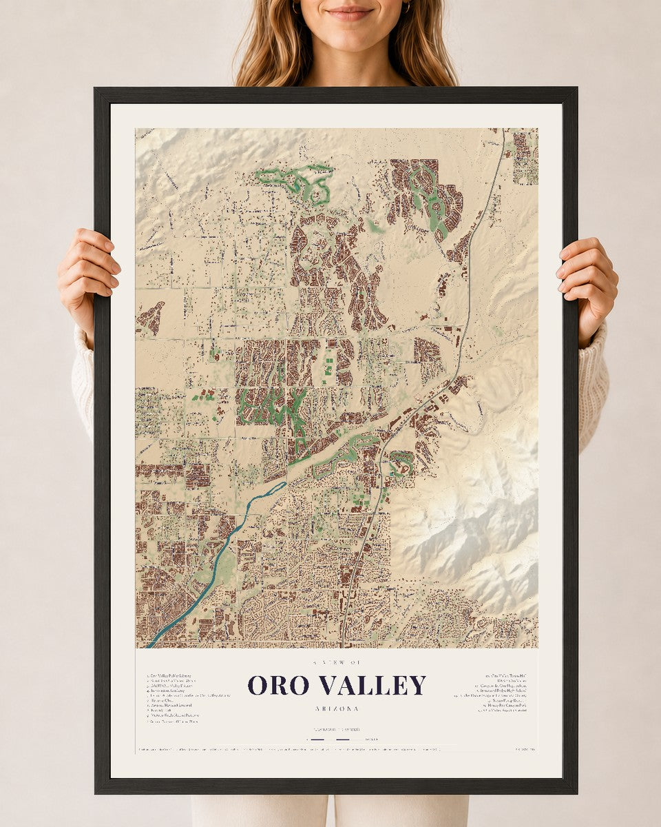 Oro Valley, Arizona map print, 24" x 36", W/ Black Ayous Wood Frame
