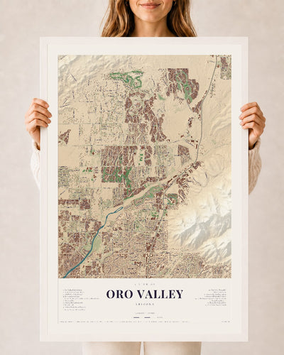 Oro Valley, Arizona map print, 24" x 36", W/ White Ayous Wood Frame