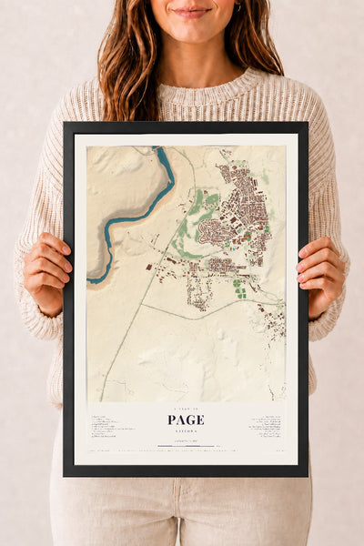Page, Arizona map print, 12" x 18", W/ Black Ayous Wood Frame