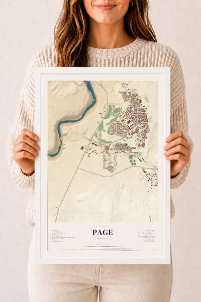 Page, Arizona map print, 12" x 18", W/ White Ayous Wood Frame