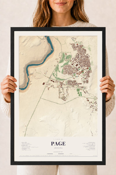 Page, Arizona map print, 18" x 24", W/ Black Ayous Wood Frame