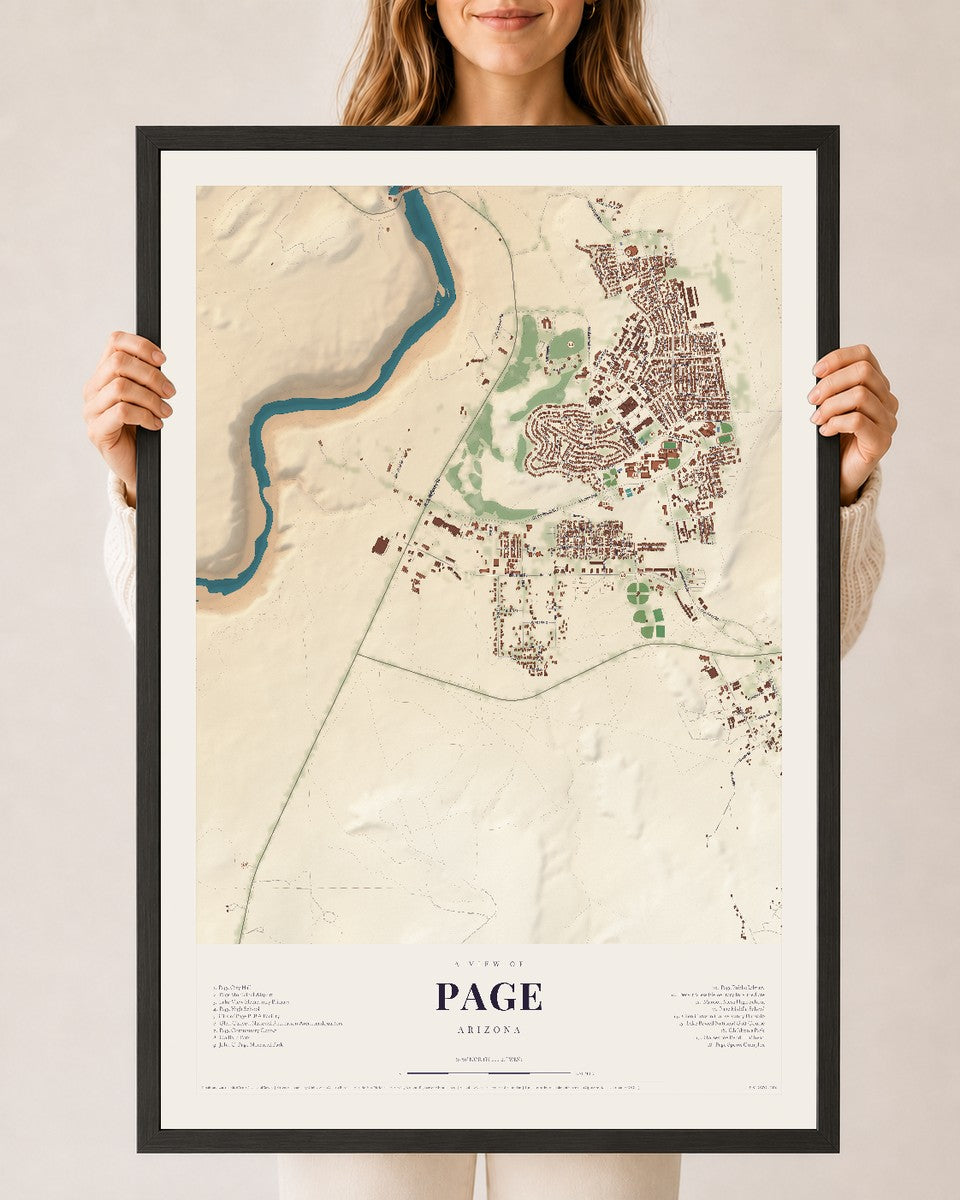Page, Arizona map print, 24" x 36", W/ Black Ayous Wood Frame