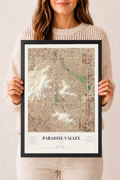 Paradise Valley, Arizona map print, 12" x 18", W/ Black Ayous Wood Frame