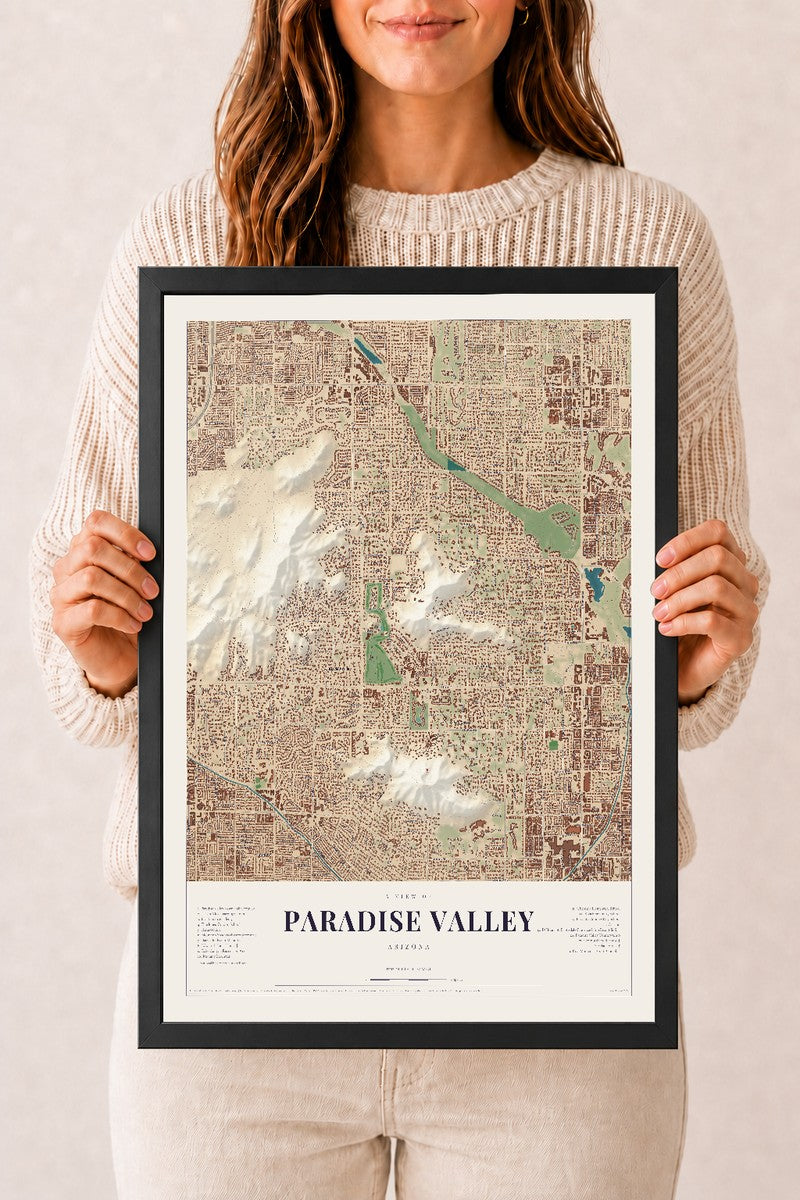 Paradise Valley, Arizona map print, 12" x 18", W/ Black Ayous Wood Frame