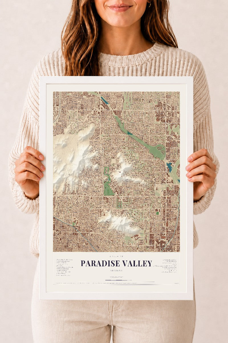 Paradise Valley, Arizona map print, 12" x 18", W/ White Ayous Wood Frame
