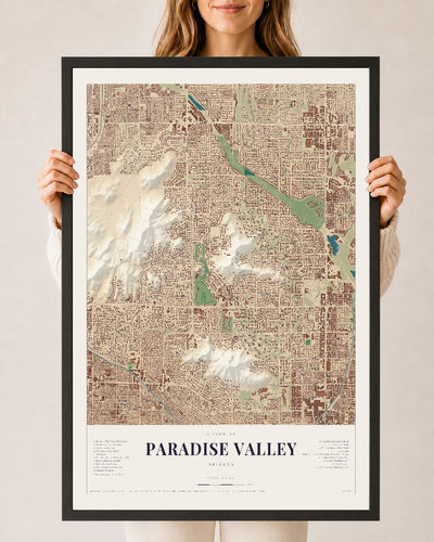 Paradise Valley, Arizona map print, 24" x 36", W/ Black Ayous Wood Frame