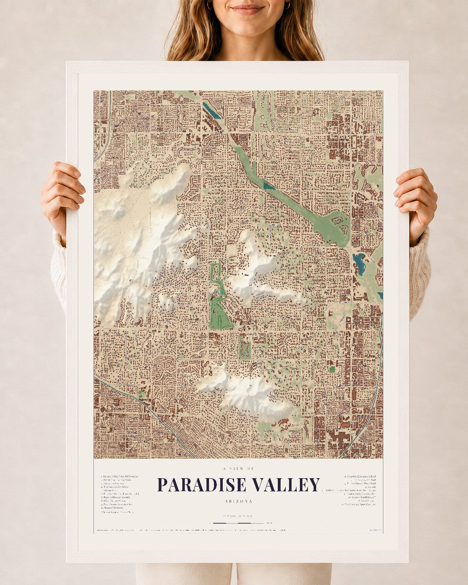Paradise Valley, Arizona map print, 24" x 36", W/ White Ayous Wood Frame
