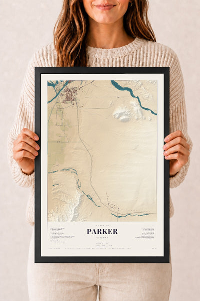 Parker, Arizona map print, 12" x 18", W/ Black Ayous Wood Frame