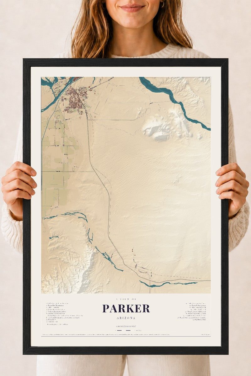 Parker, Arizona map print, 18" x 24", W/ Black Ayous Wood Frame