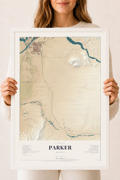 Parker, Arizona map print, 18" x 24", W/ White Ayous Wood Frame