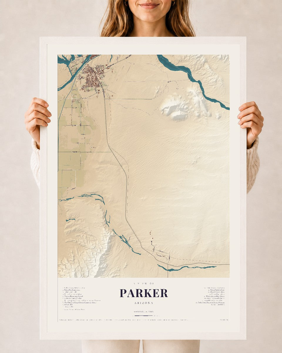 Parker, Arizona map print, 24" x 36", W/ White Ayous Wood Frame