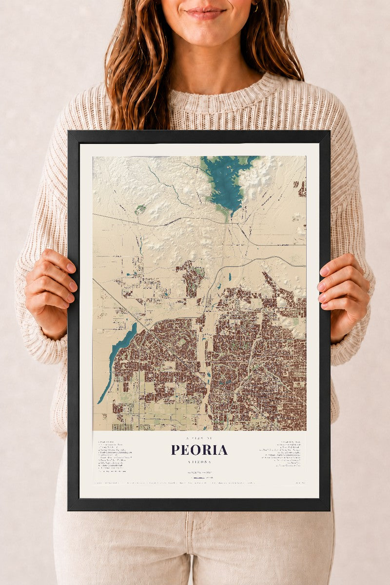 Peoria, Arizona map print, 12" x 18", W/ Black Ayous Wood Frame