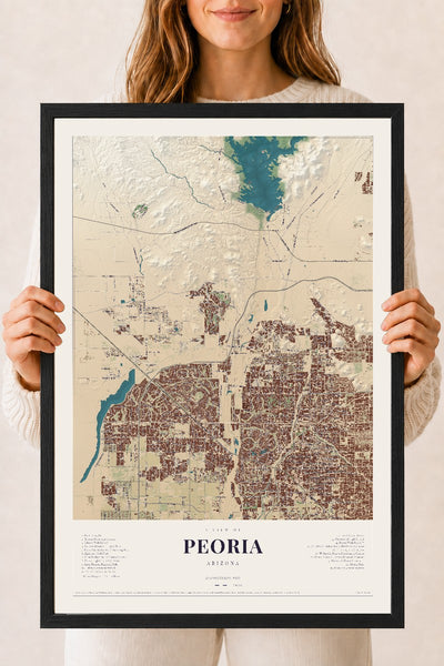 Peoria, Arizona map print, 18" x 24", W/ Black Ayous Wood Frame