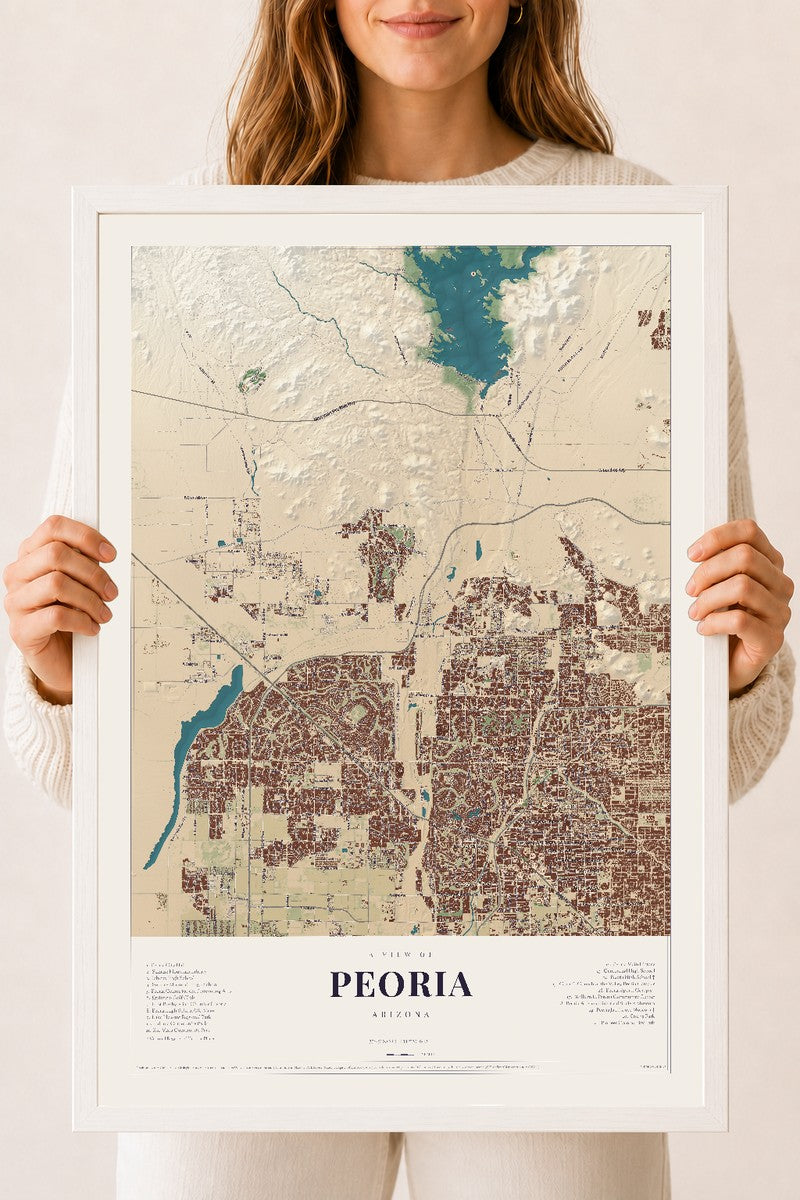 Peoria, Arizona map print, 18" x 24", W/ White Ayous Wood Frame