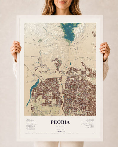 Peoria, Arizona map print, 24" x 36", W/ White Ayous Wood Frame