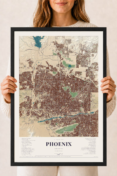 Phoenix, Arizona map print, 18" x 24", W/ Black Ayous Wood Frame