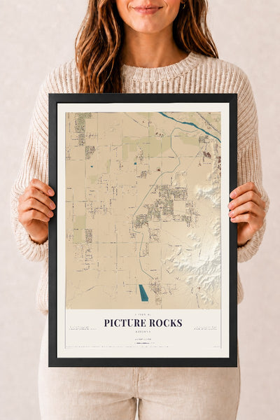 Picture Rocks, Arizona map print, 12" x 18", W/ Black Ayous Wood Frame