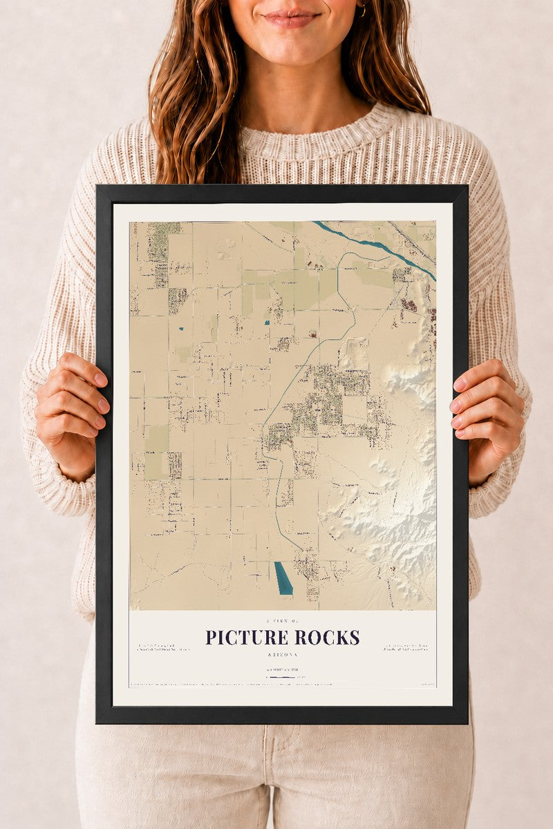 Picture Rocks, Arizona map print, 12" x 18", W/ Black Ayous Wood Frame