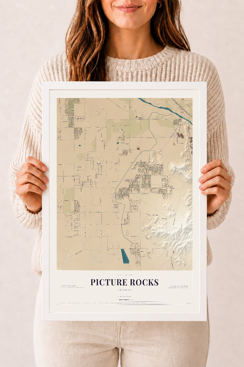 Picture Rocks, Arizona map print, 12" x 18", W/ White Ayous Wood Frame