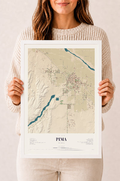 Pima, Arizona map print, 12" x 18", W/ White Ayous Wood Frame