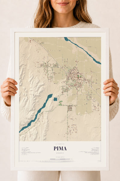 Pima, Arizona map print, 18" x 24", W/ White Ayous Wood Frame