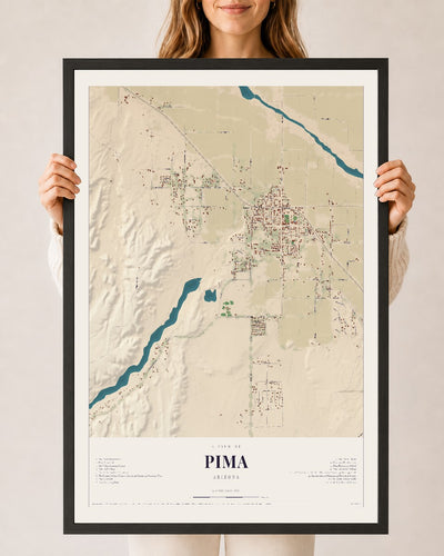 Pima, Arizona map print, 24" x 36", W/ Black Ayous Wood Frame