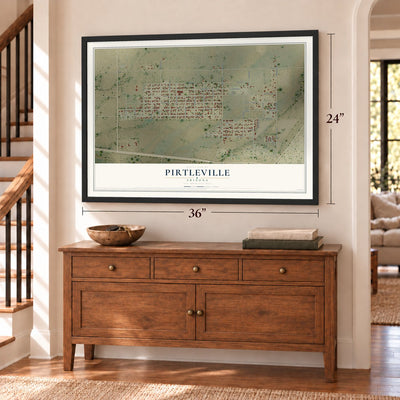 Pirtleville, Arizona map, 24 x 36 inch print in a black frame above a dresser by a staircase