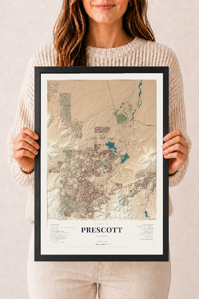 Prescott, Arizona map print, 12" x 18", W/ Black Ayous Wood Frame
