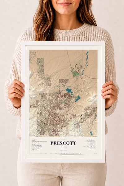 Prescott, Arizona map print, 12" x 18", W/ White Ayous Wood Frame