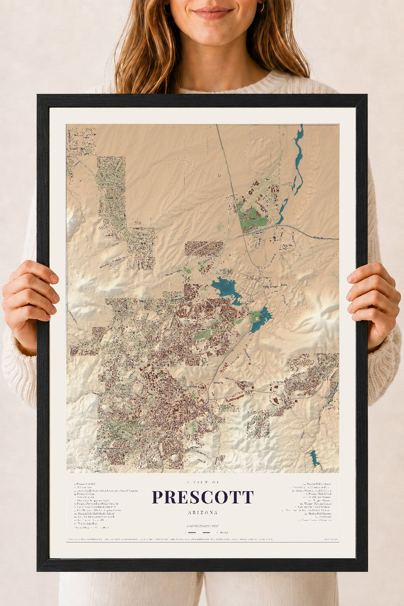 Prescott, Arizona map print, 18" x 24", W/ Black Ayous Wood Frame