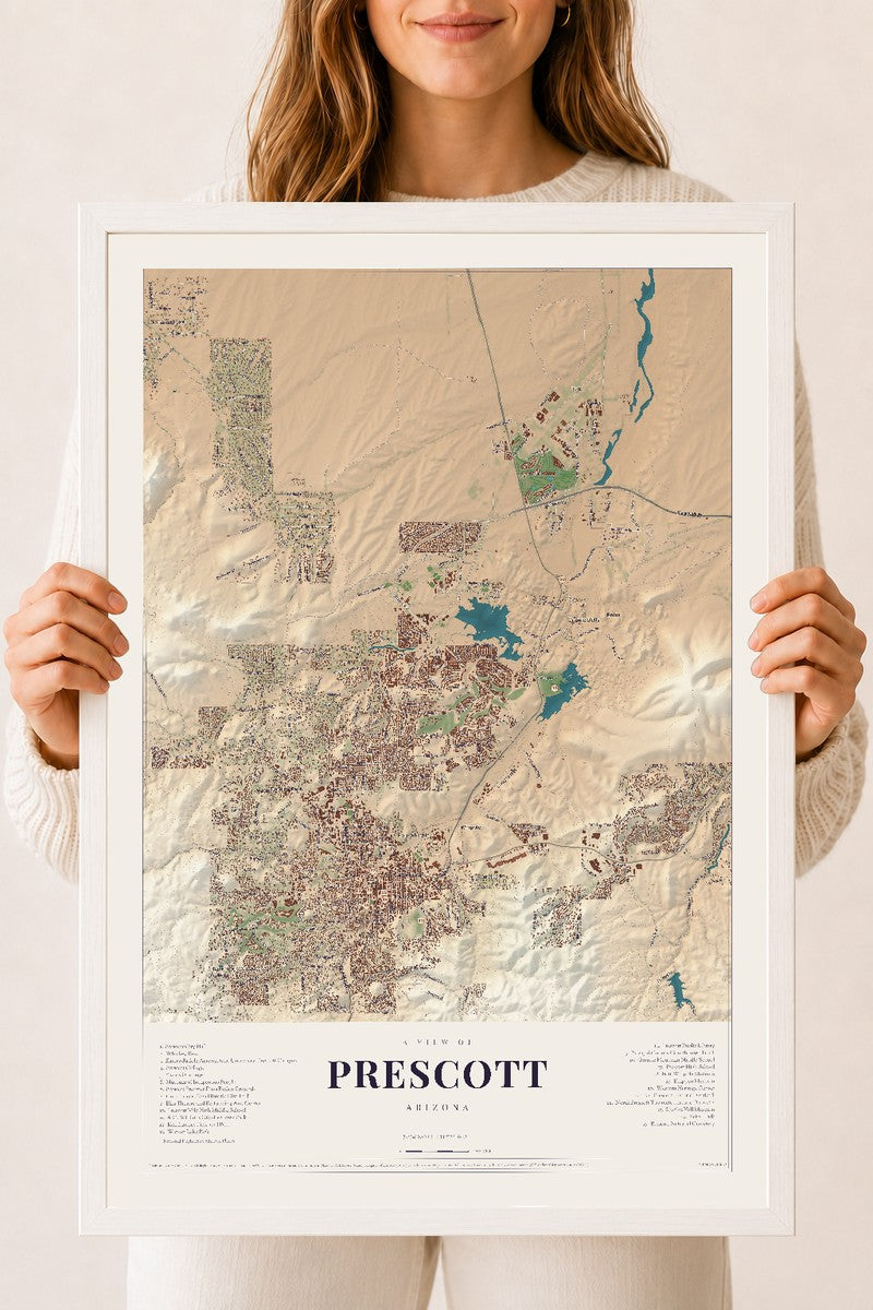 Prescott, Arizona map print, 18" x 24", W/ White Ayous Wood Frame