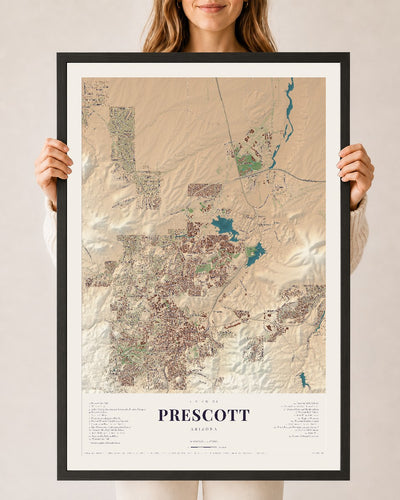 Prescott, Arizona map print, 24" x 36", W/ Black Ayous Wood Frame