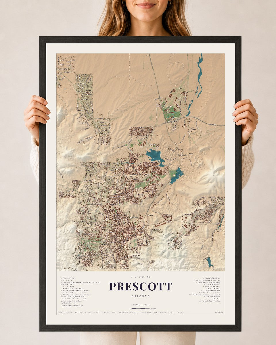 Prescott, Arizona map print, 24" x 36", W/ Black Ayous Wood Frame