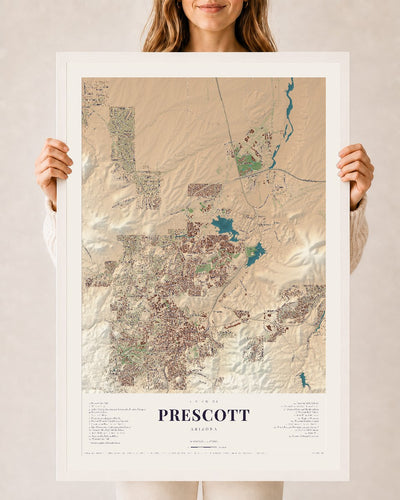 Prescott, Arizona map print, 24" x 36", W/ White Ayous Wood Frame