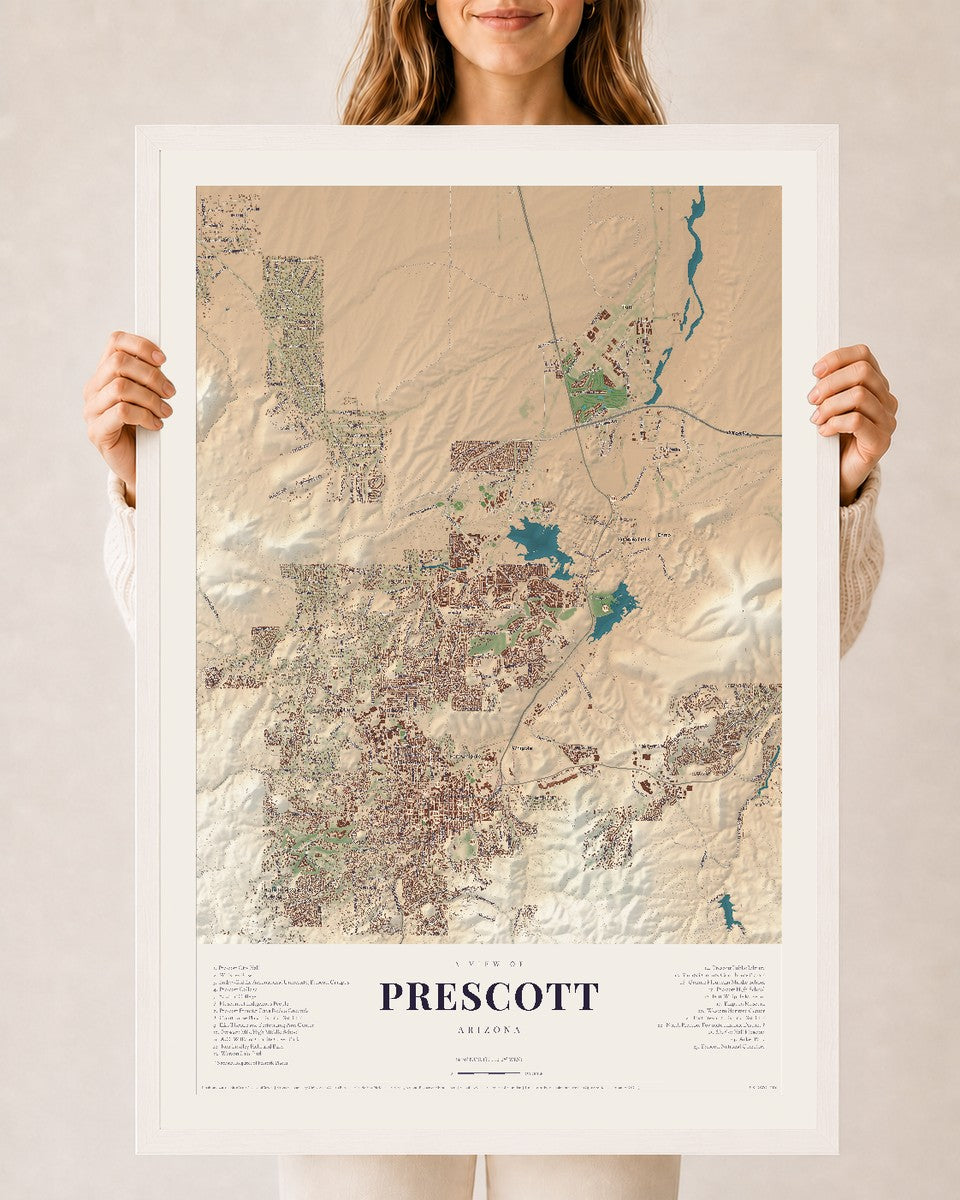 Prescott, Arizona map print, 24" x 36", W/ White Ayous Wood Frame