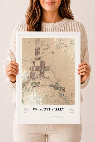 Prescott Valley, Arizona map print, 12" x 18", W/ White Ayous Wood Frame