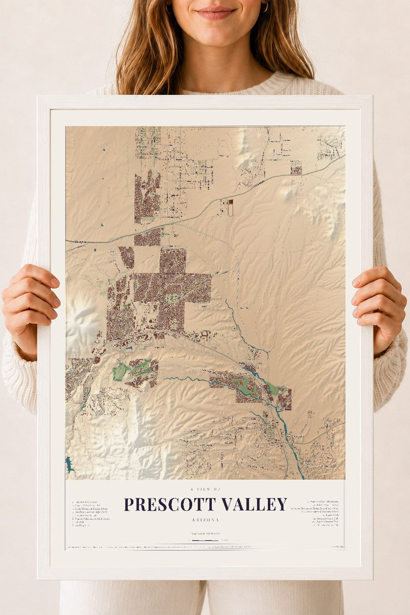 Prescott Valley, Arizona map print, 18" x 24", W/ White Ayous Wood Frame