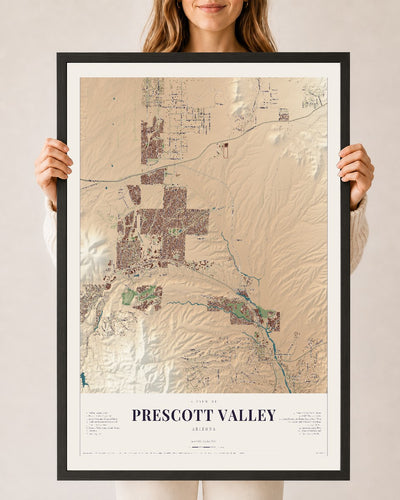 Prescott Valley, Arizona map print, 24" x 36", W/ Black Ayous Wood Frame