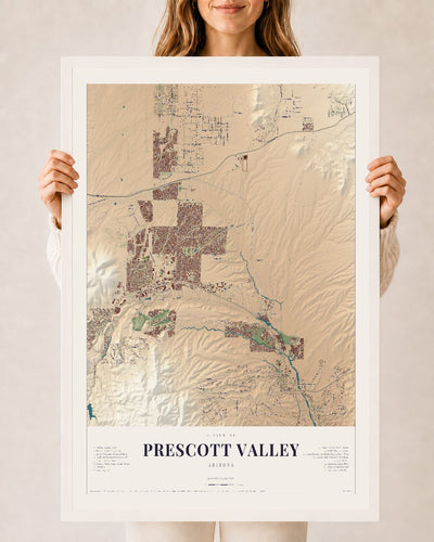 Prescott Valley, Arizona map print, 24" x 36", W/ White Ayous Wood Frame
