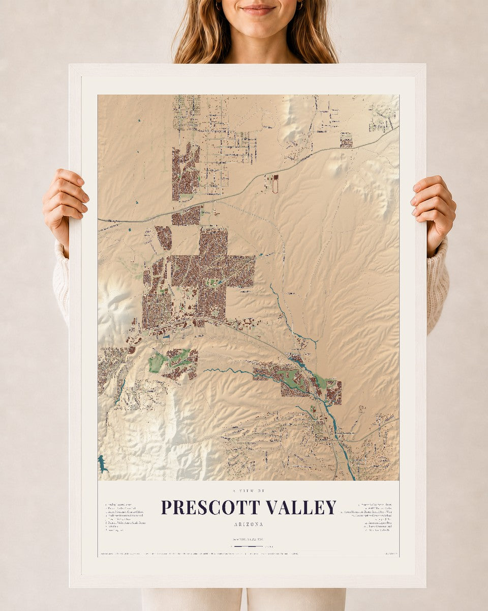 Prescott Valley, Arizona map print, 24" x 36", W/ White Ayous Wood Frame