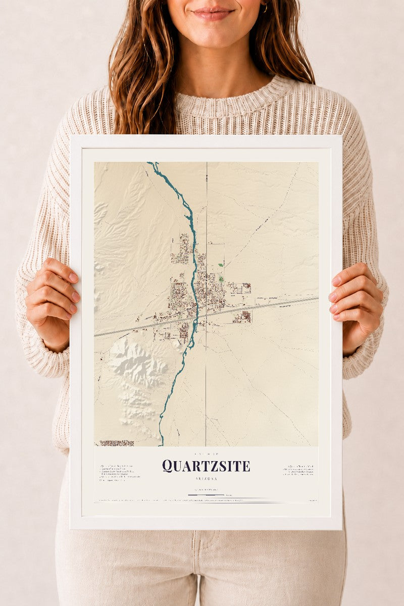 Quartzsite, Arizona map print, 12" x 18", W/ White Ayous Wood Frame