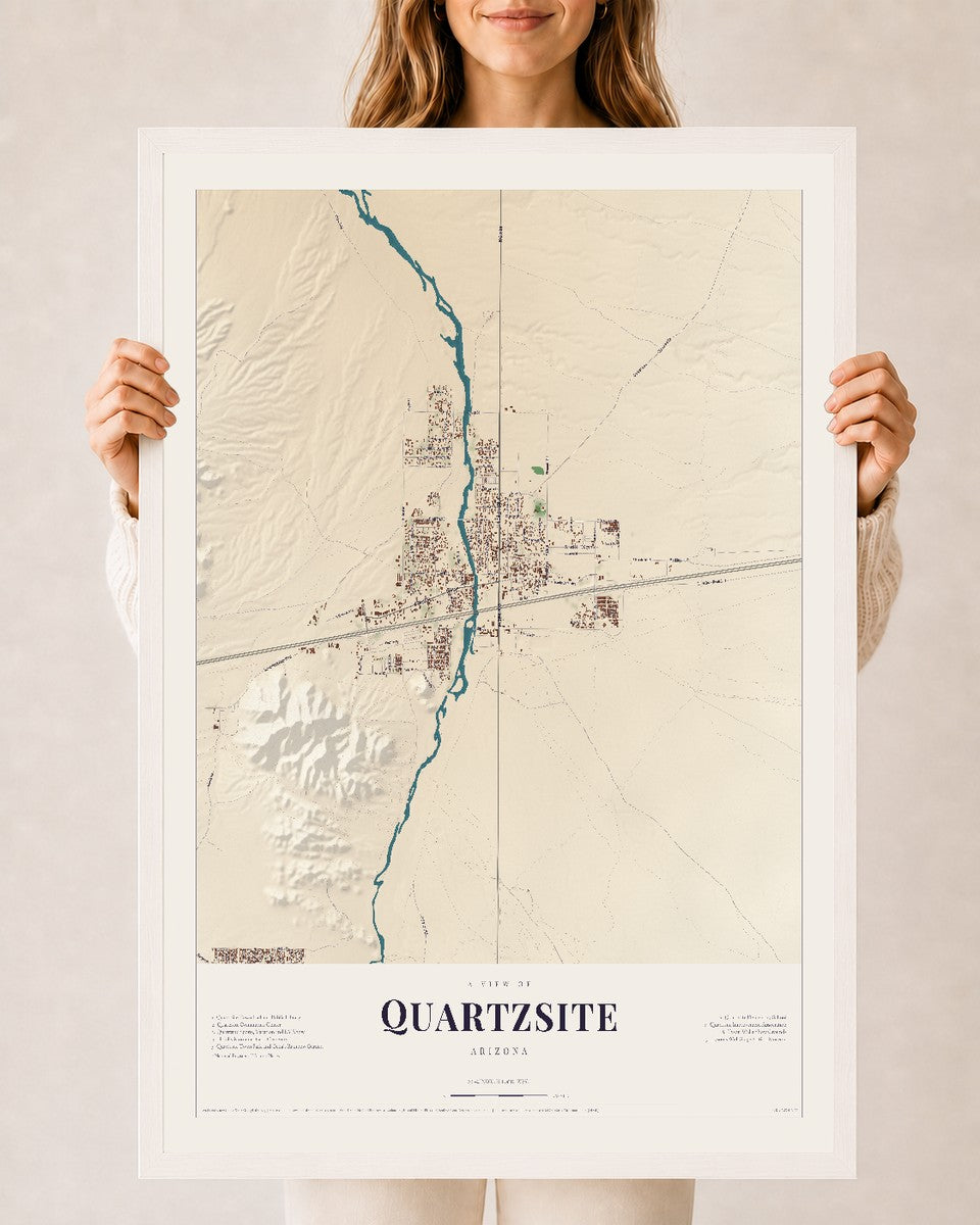 Quartzsite, Arizona map print, 24" x 36", W/ White Ayous Wood Frame