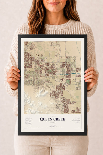Queen Creek, Arizona map print, 12" x 18", W/ Black Ayous Wood Frame