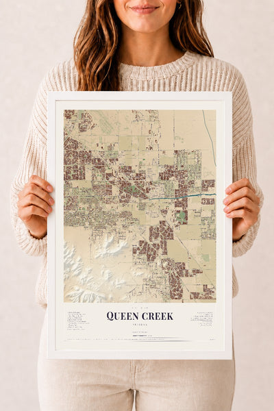 Queen Creek, Arizona map print, 12" x 18", W/ White Ayous Wood Frame