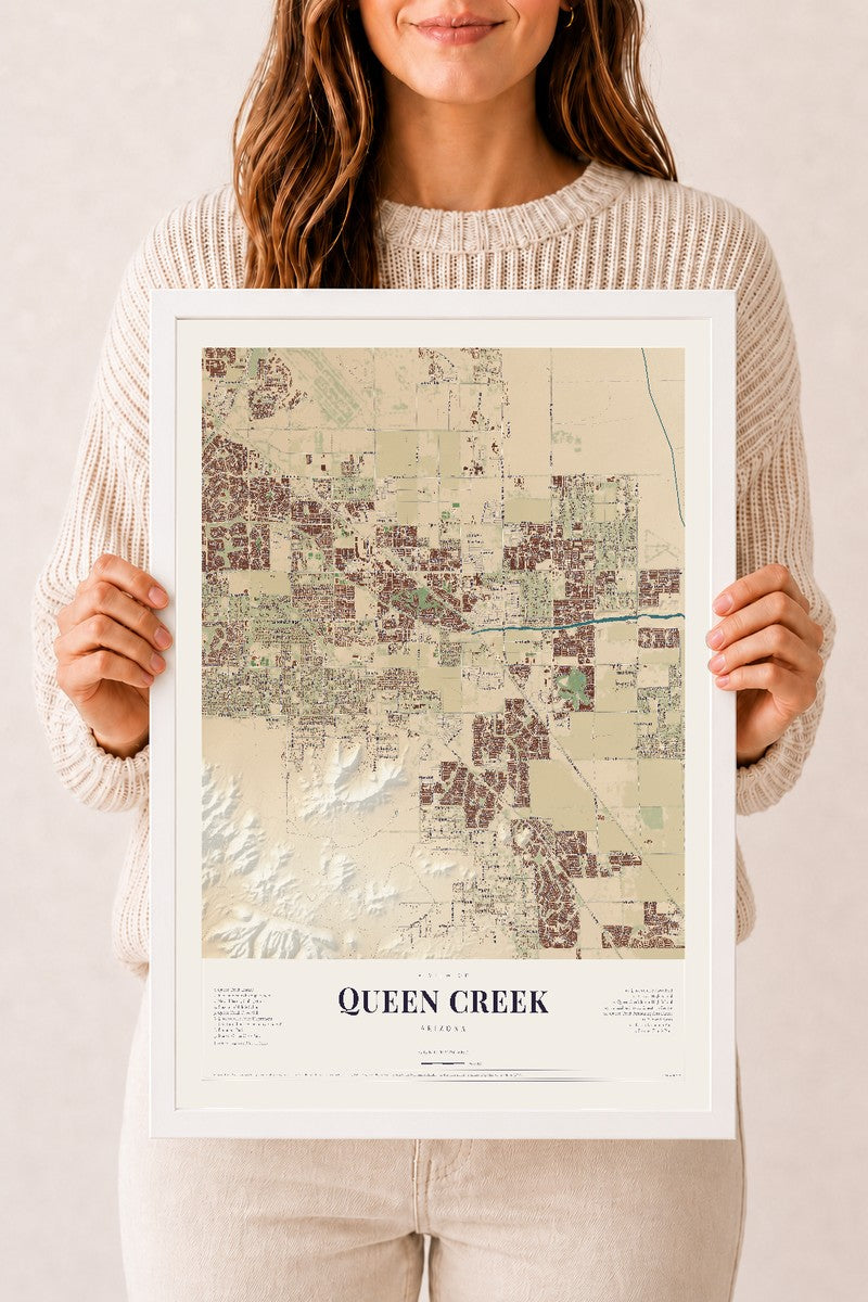 Queen Creek, Arizona map print, 12" x 18", W/ White Ayous Wood Frame