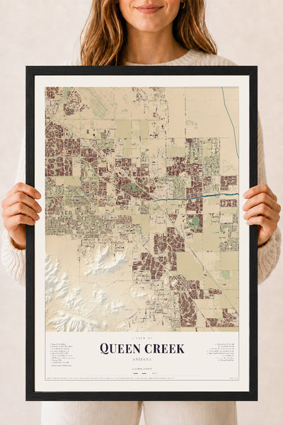 Queen Creek, Arizona map print, 18" x 24", W/ Black Ayous Wood Frame