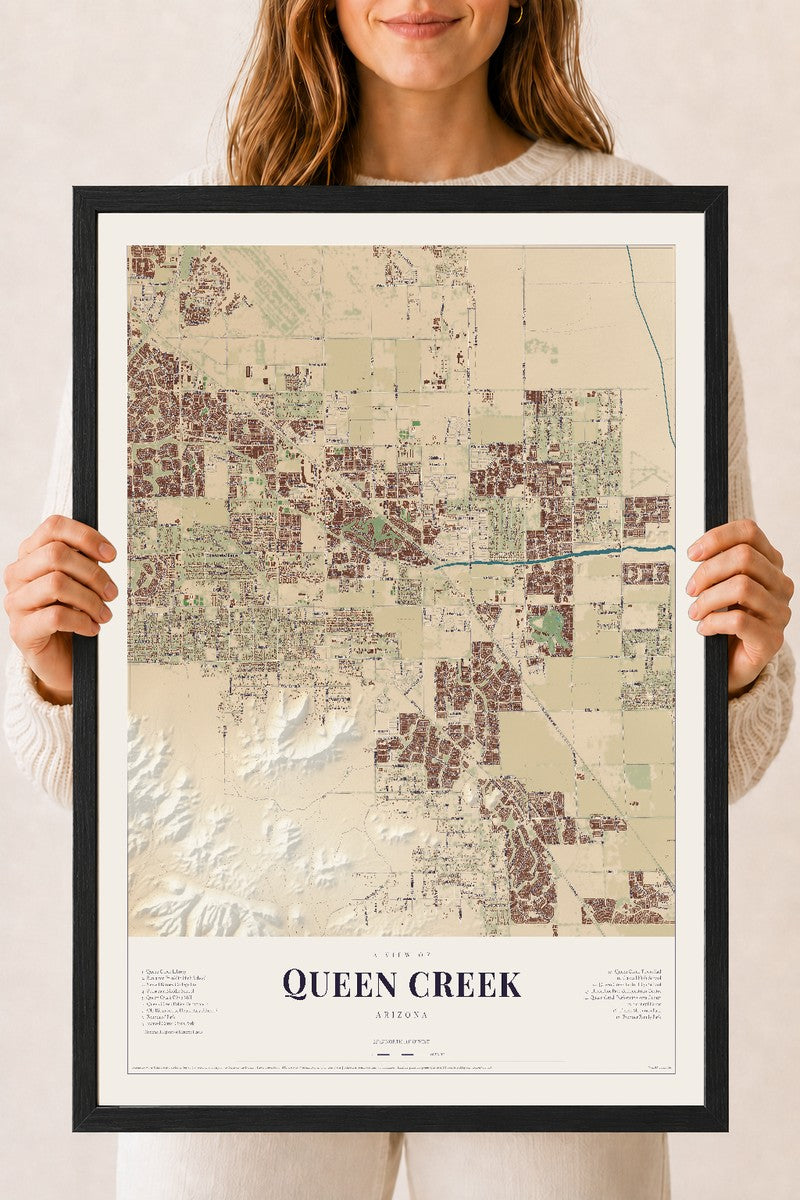 Queen Creek, Arizona map print, 18" x 24", W/ Black Ayous Wood Frame