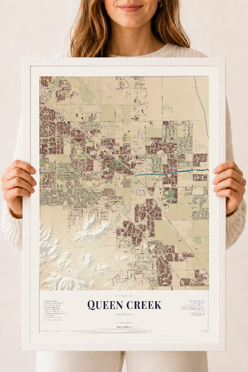Queen Creek, Arizona map print, 18" x 24", W/ White Ayous Wood Frame