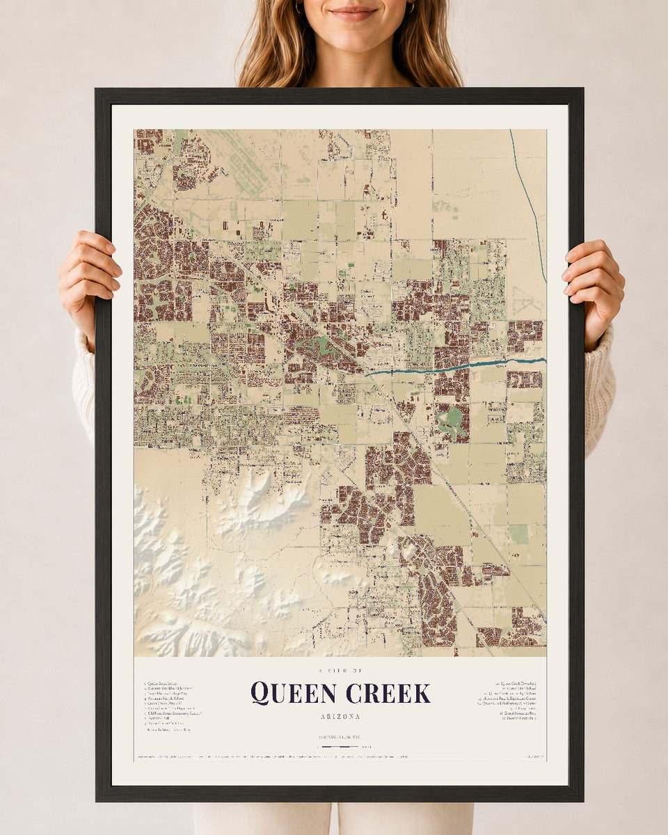 Queen Creek, Arizona map print, 24" x 36", W/ Black Ayous Wood Frame