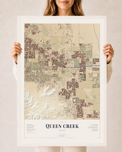 Queen Creek, Arizona map print, 24" x 36", W/ White Ayous Wood Frame